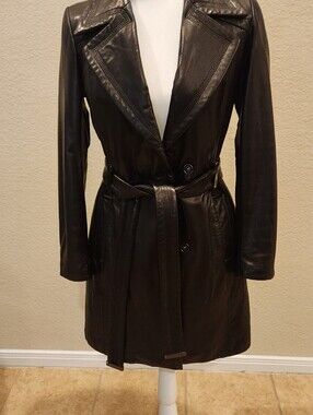 Classic Black Leather Trench Coat with Waist Belt With Thinsulate.
